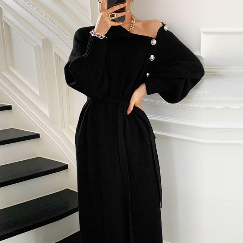 Long Sleeve Collared Plain Midi Sweater Dress Product Image