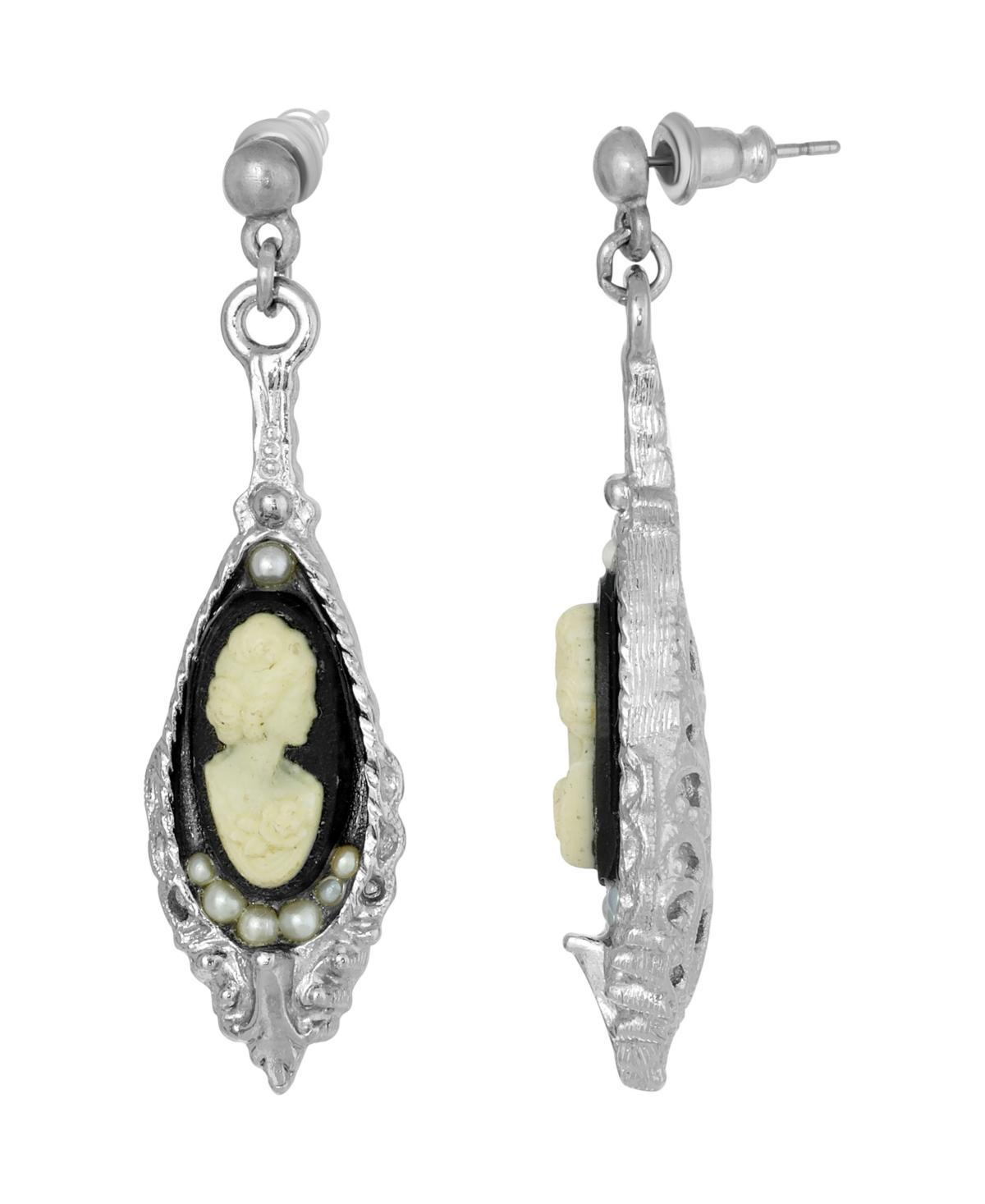 1928 Silver Tone Black & White Cameo Drop Earrings, Womens Product Image