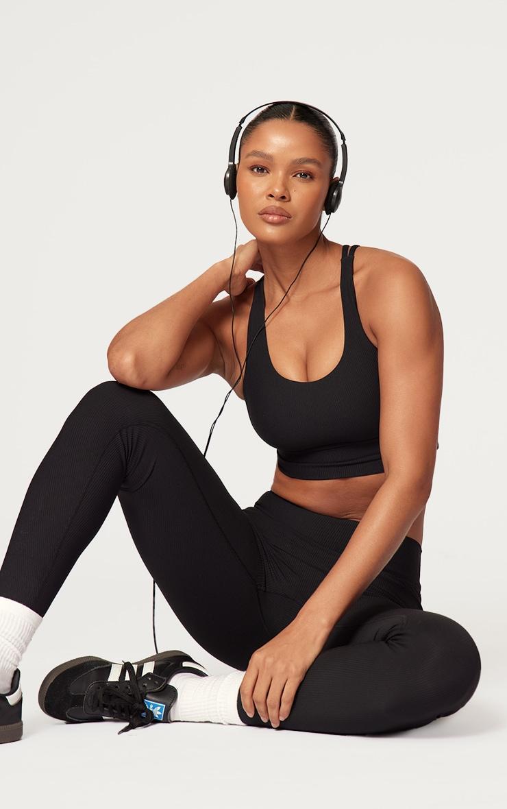 Black Active Rib Strappy Back Sports Bra Product Image