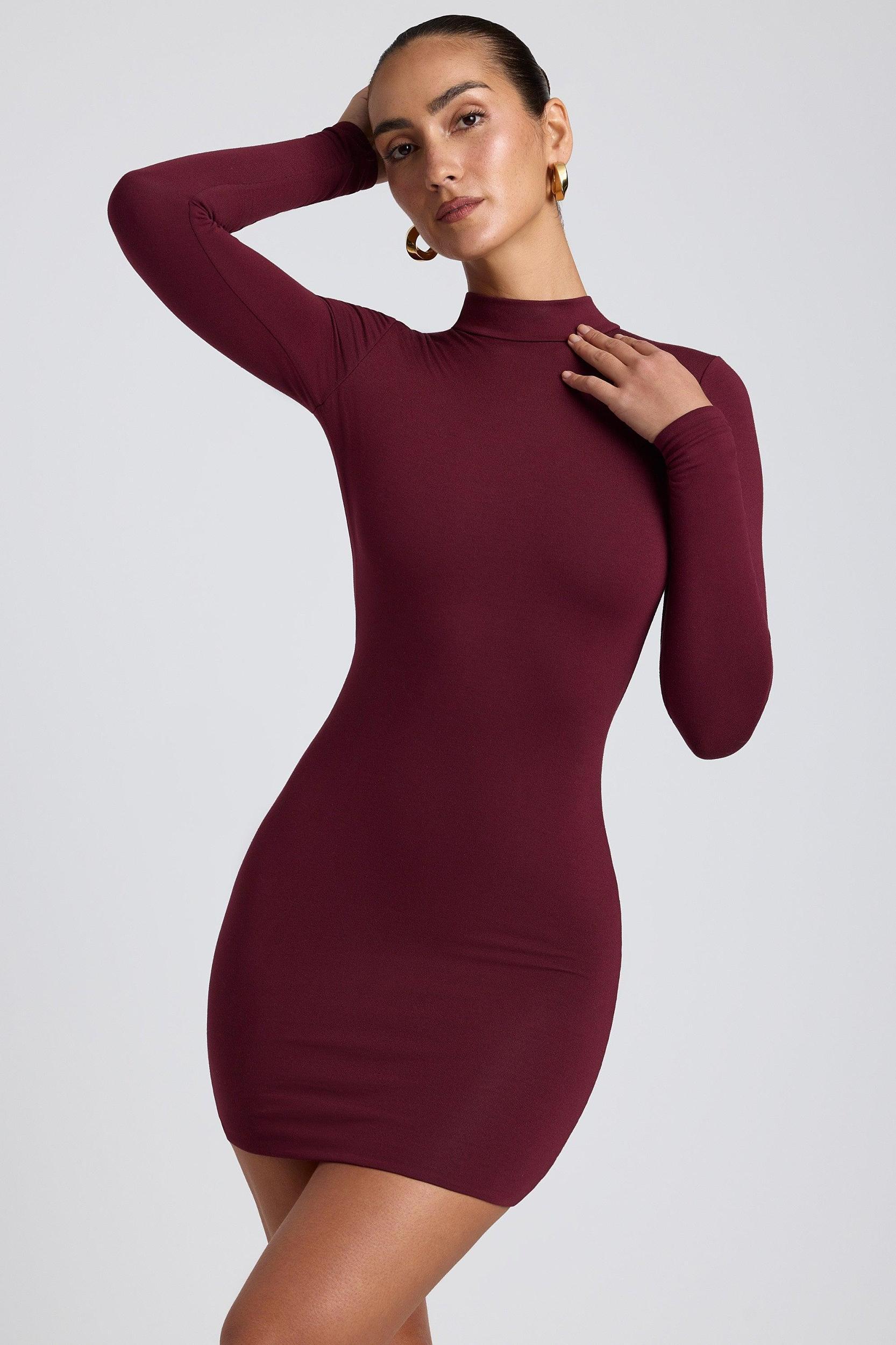 Modal Open-Back Long-Sleeve Mini Dress in Plum Product Image