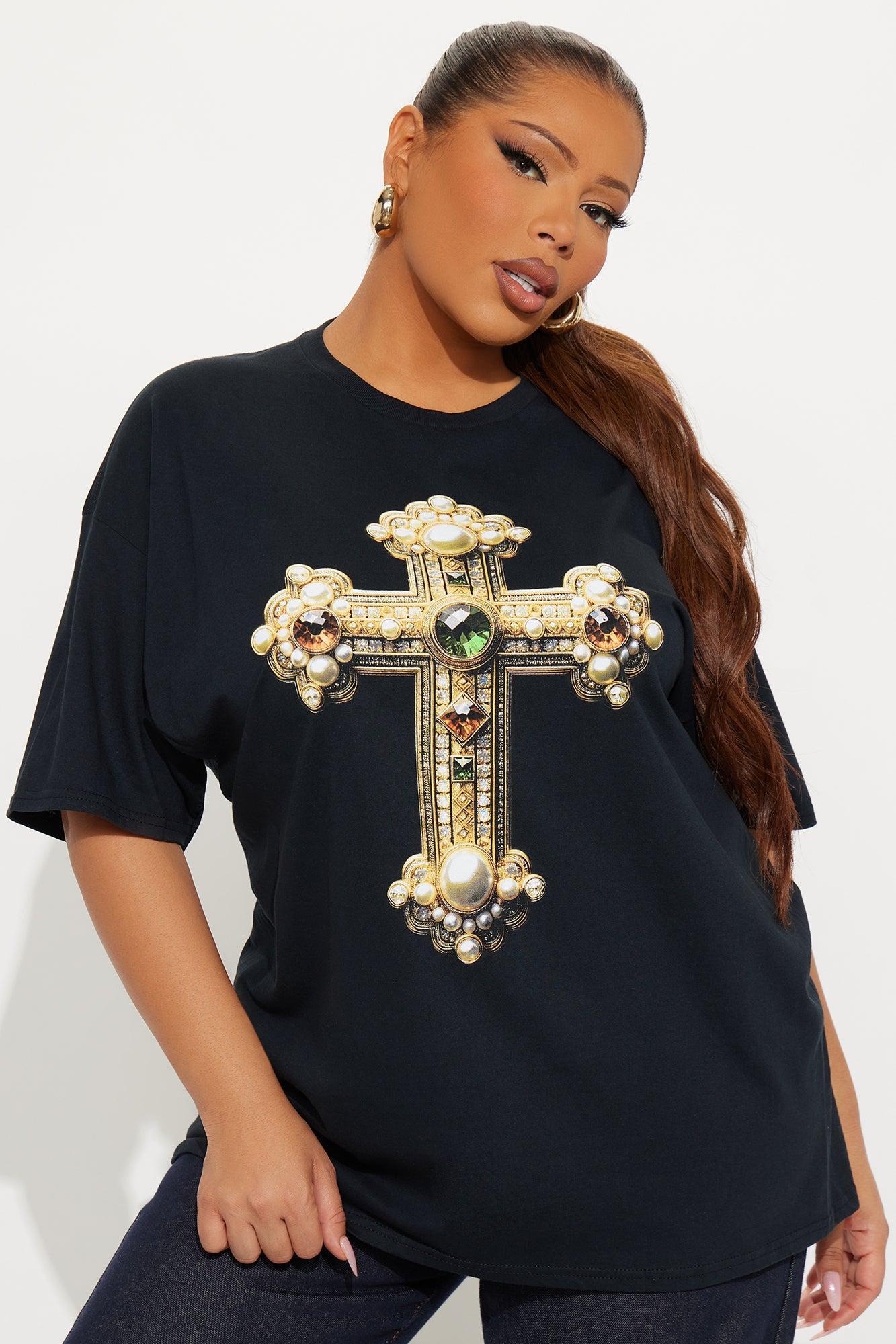 Jeweled Cross Oversized Tee - Black Female Product Image