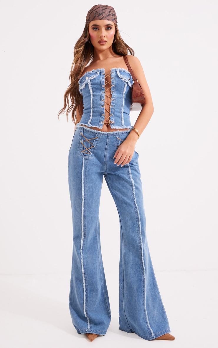 Mid Blue Wash Frayed Detail Lace Up Denim Corset Product Image