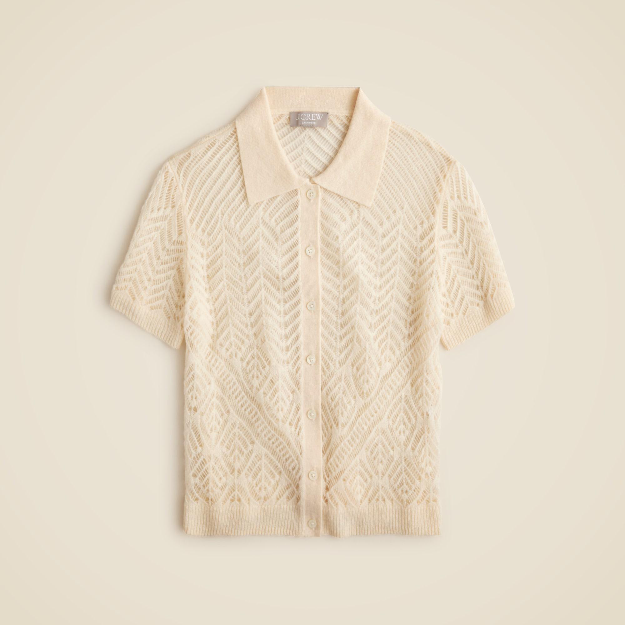 Sheer pointelle button-up short-sleeve cardigan in cashmere Product Image