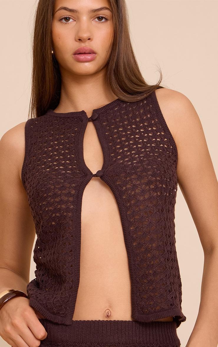  Chocolate Crochet Knit Cut Out Pearled Button Vest Top Product Image