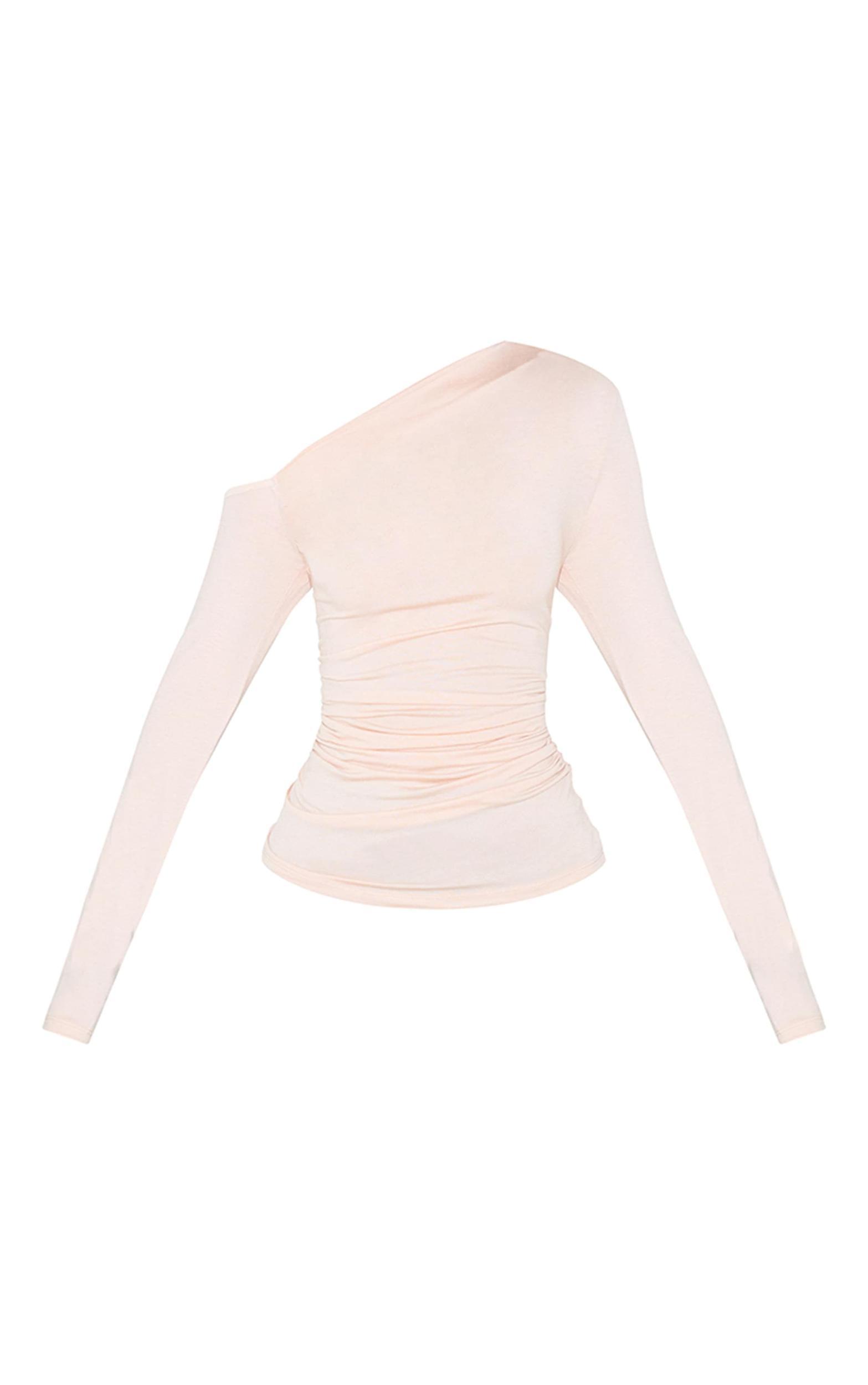  Cream Soft Cotton Asymmetric Ruched Long Sleeve Top Product Image