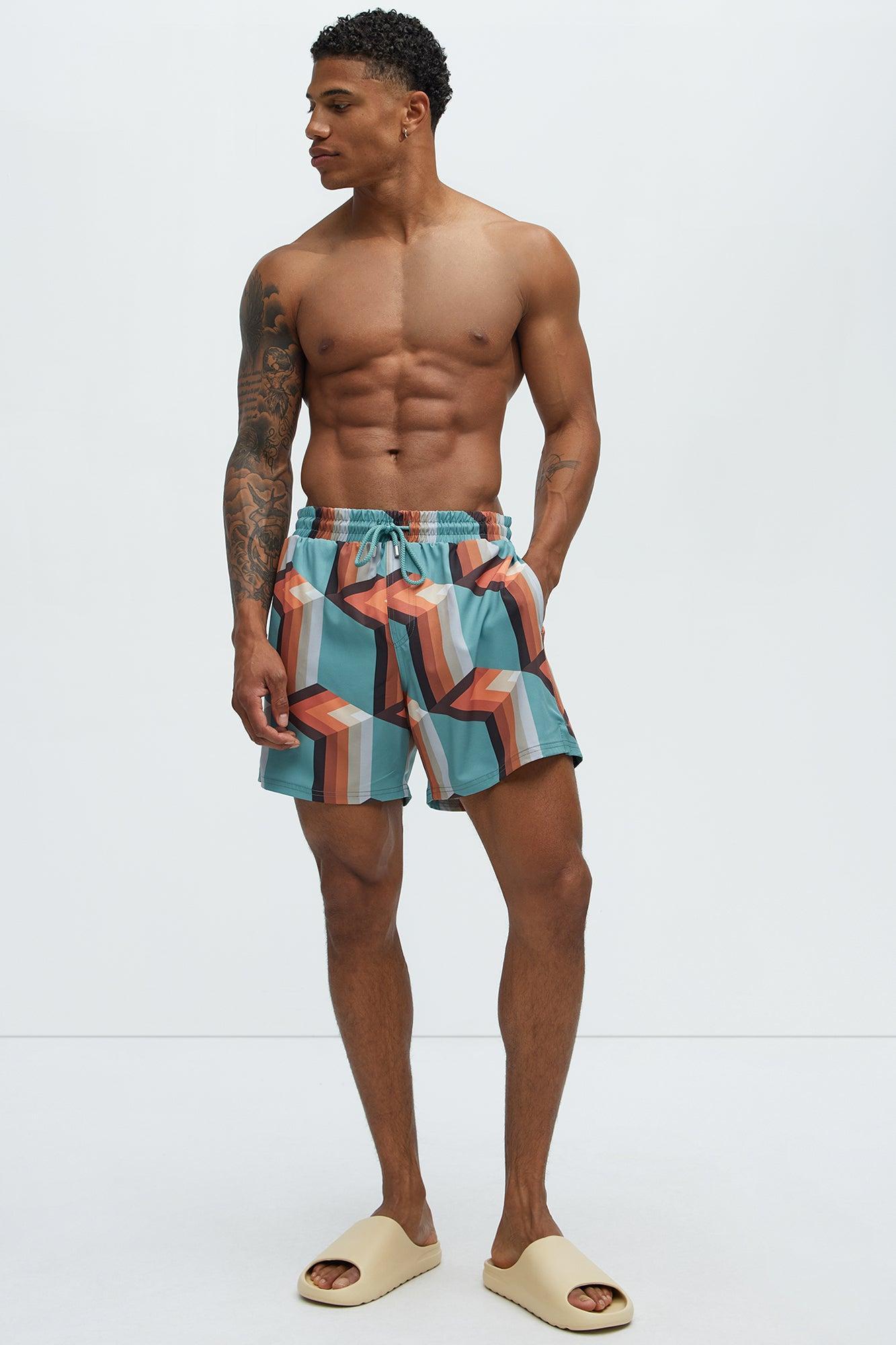 Retro Geometric Swim Mid Trunk - Teal/combo Product Image