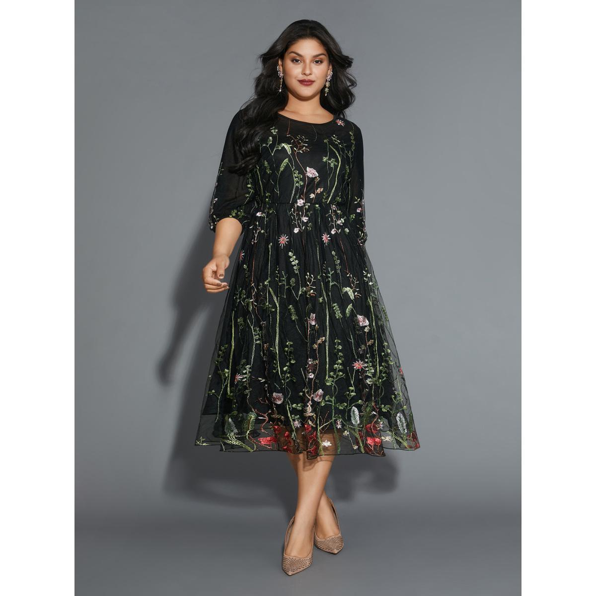 Plus Size Floral Embroidered Elastic Waist Lined Midi Dress Black Women Formal Texture Party Curvy Bloomchic 10/M Product Image