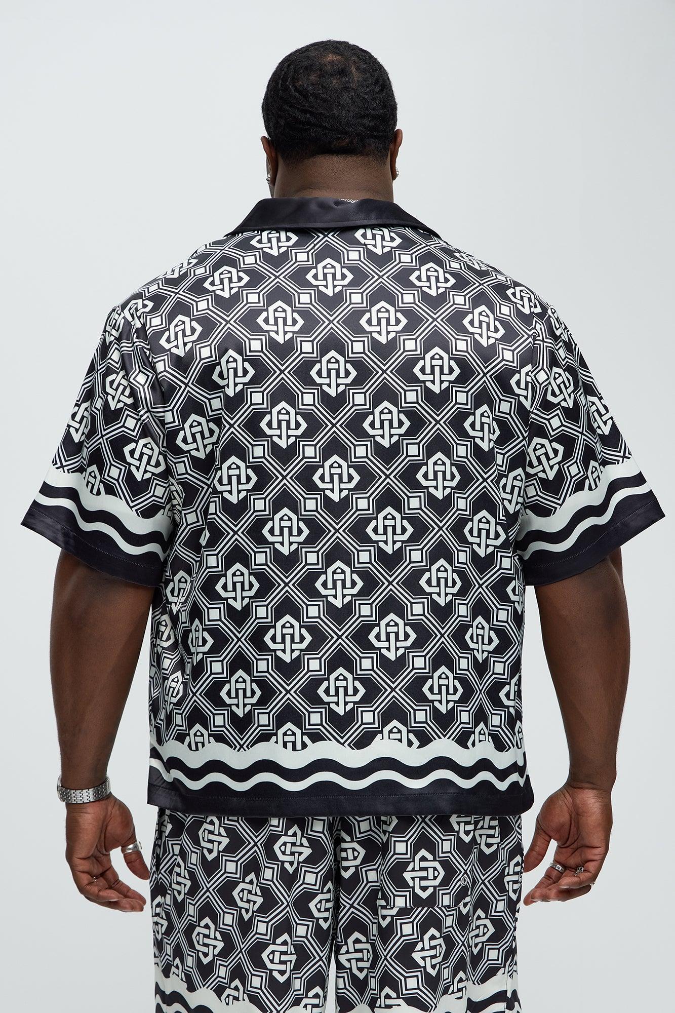 Geometric Wavy Border Cuban Collar Button Up Shirt - Black/combo Male Product Image