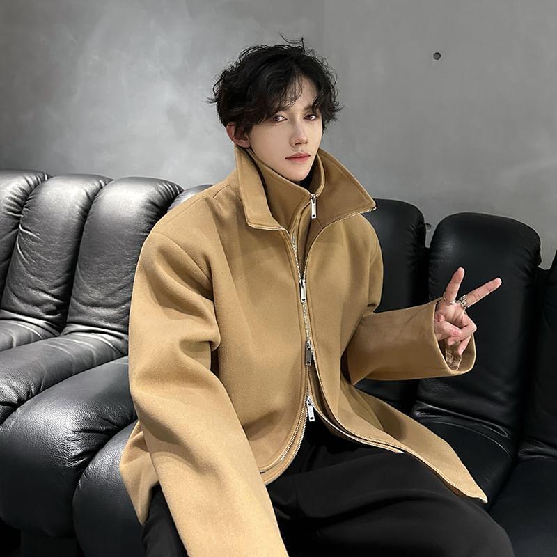 Long Sleeve Stand Collar Zip Up Wool Coat Product Image