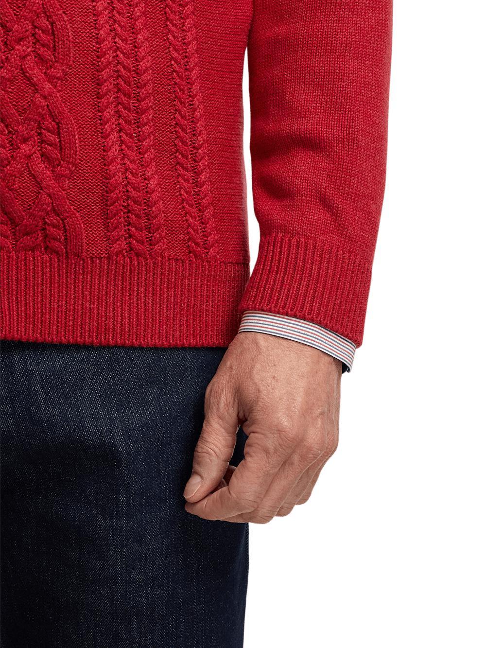 Cotton Cable Full Zip Mock Neck Sweater - Red Product Image