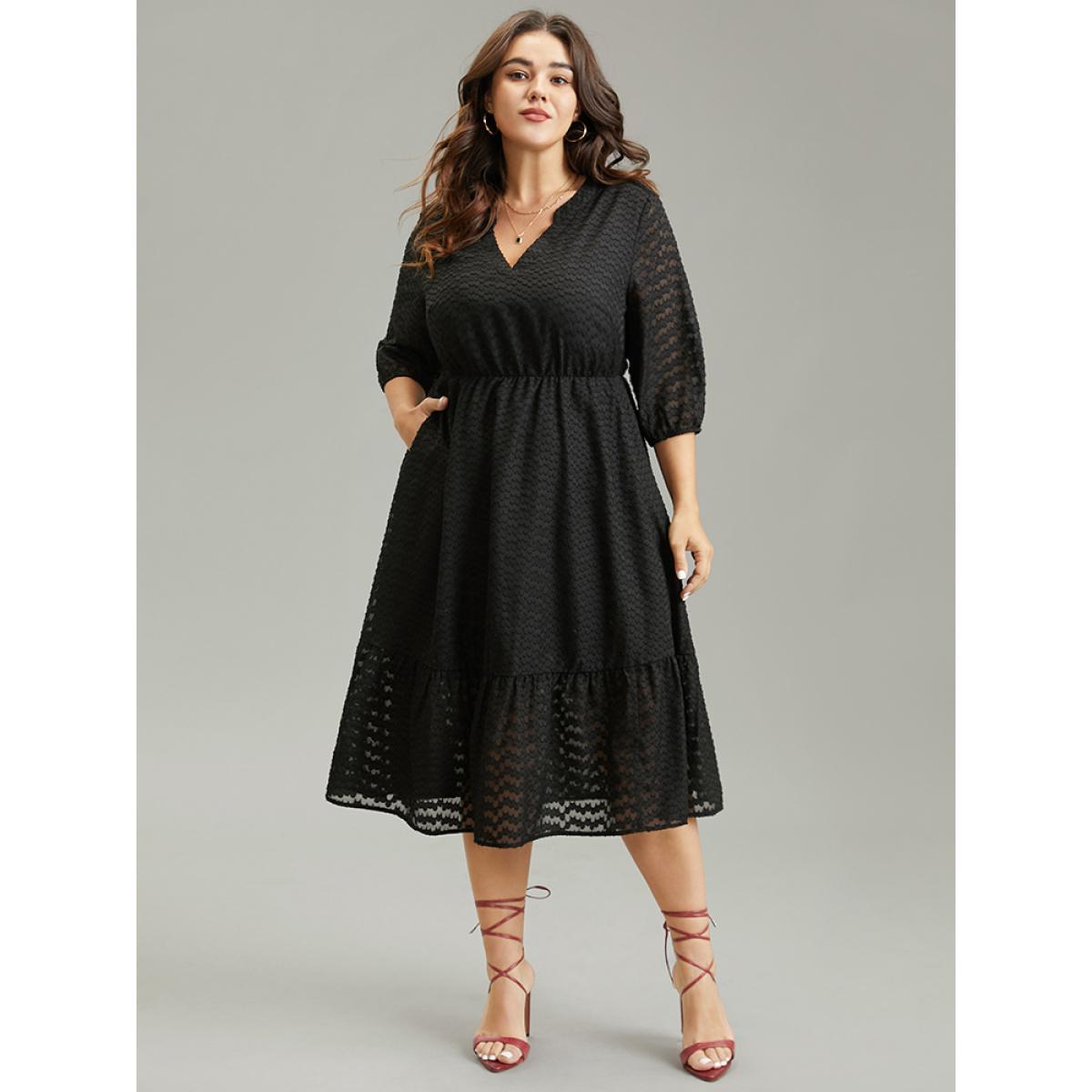 Plus Size Solid Textured Notched Elastic Waist Chiffon Dress Black Women Elegant Texture Notched collar Elbow-length sleeve Curvy Midi Dress BloomChic 22-24/3X Product Image
