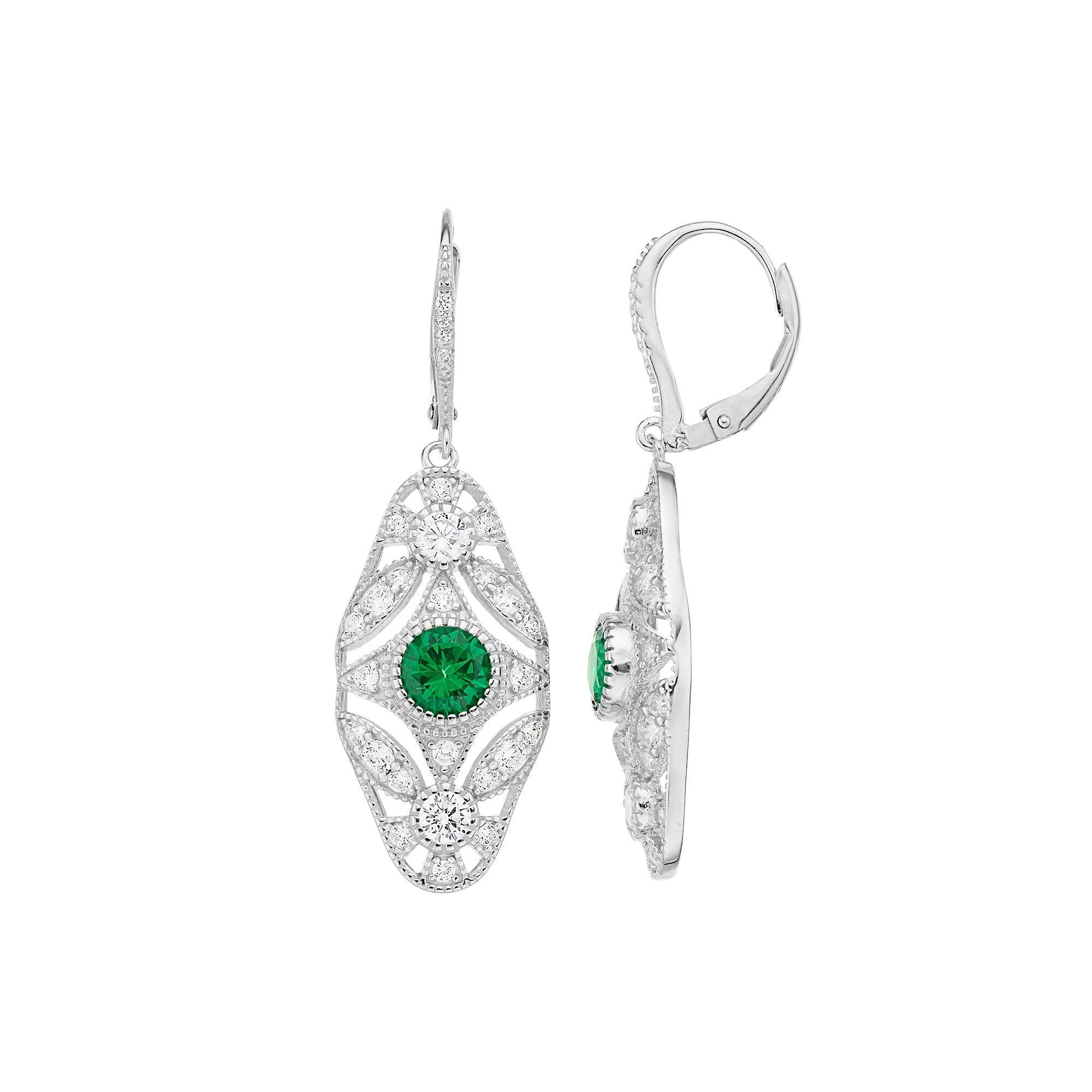 Sterling Silver Green & Clear Cubic Zirconia Vintage Inspired Drop Earrings, Womens Product Image