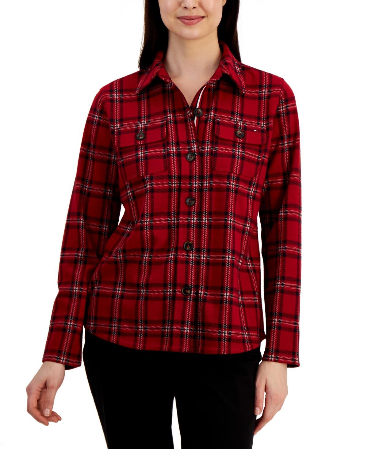 Tommy Hilfiger Womens Collared Plaid Shirt Jacket - Hillside Plaid- Bridal Rose Product Image