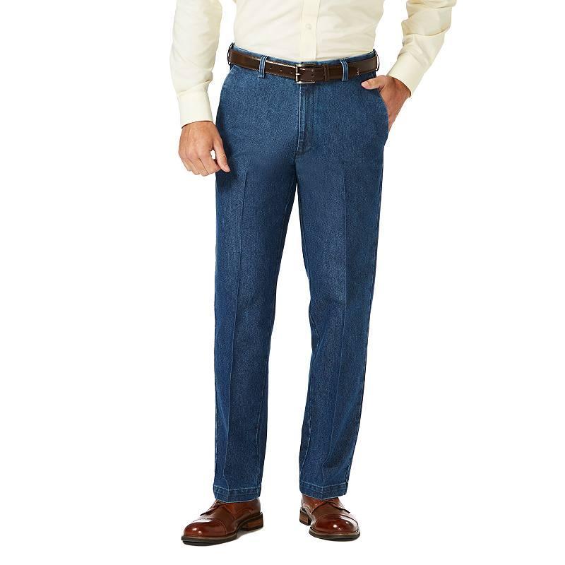 Men's Haggar® Classic-Fit Stretch Expandable-Waist Flat-Front Jeans, Size: 36X30, Medium Blue Product Image