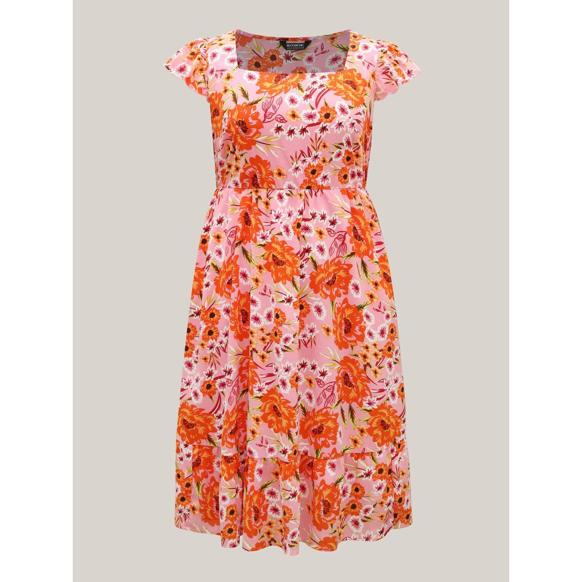 Plus Size Floral Print Flutter Sleeve Tiered Midi Dress Blush Women Square Neck Cap Sleeve Curvy BloomChic 26/4X Product Image