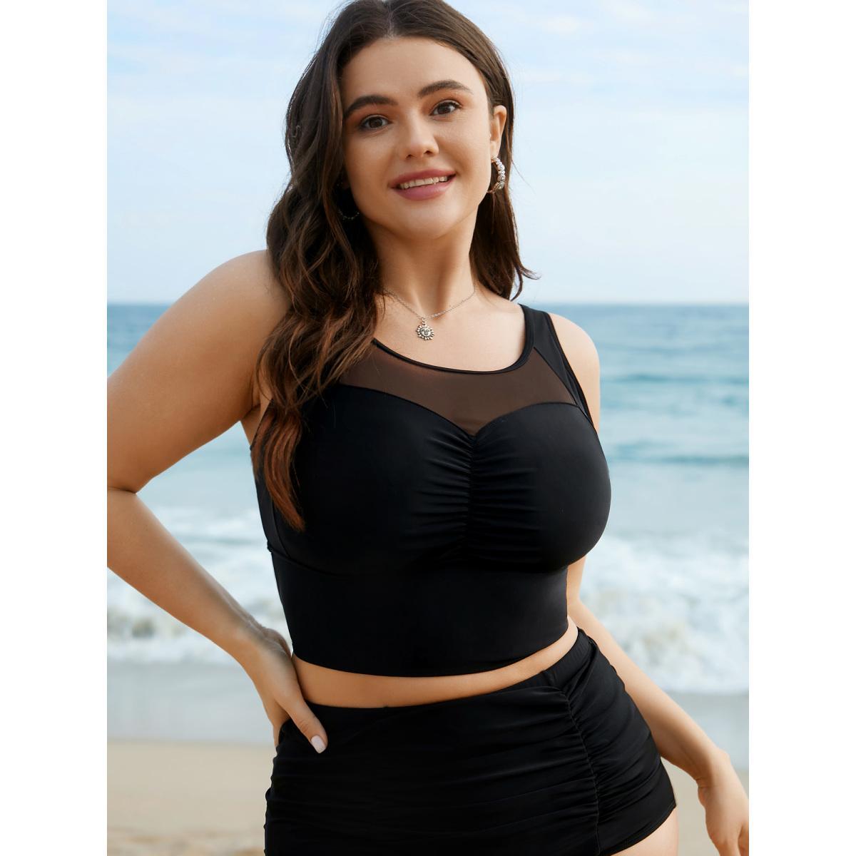 Plus Size Sheer Sweetheart Neckline Adjustable Swim Top Women's Swimwear Black Beach Gathered High stretch Skinny U-neck Curve Swim Tops BloomChic 14-16/1X Product Image