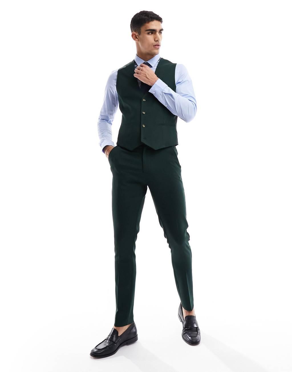 ASOS DESIGN wedding skinny suit vest in forest green micro texture Product Image