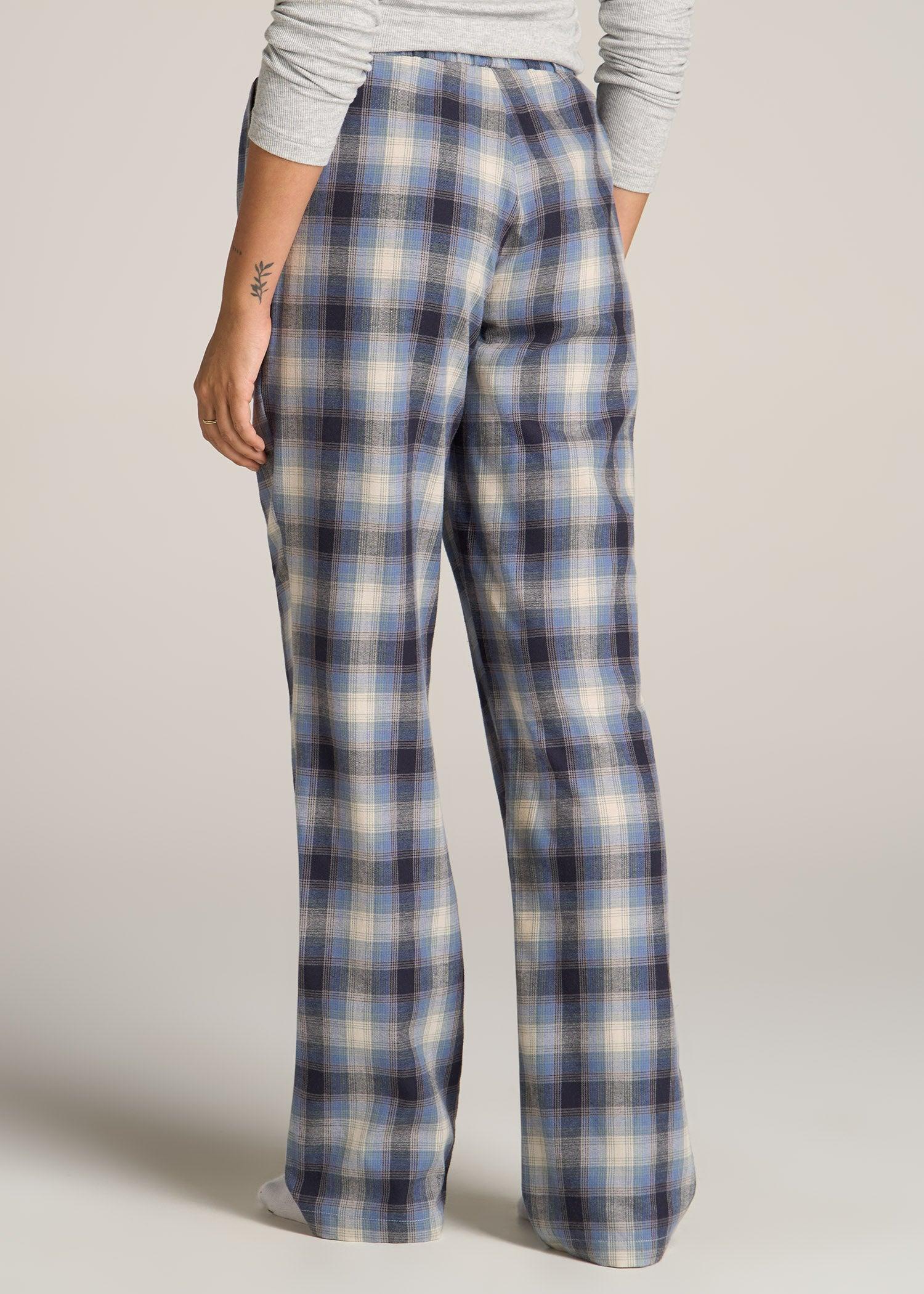 Open-Bottom Flannel Women's Tall Pajama Pants in Blue and Grey Weave Product Image