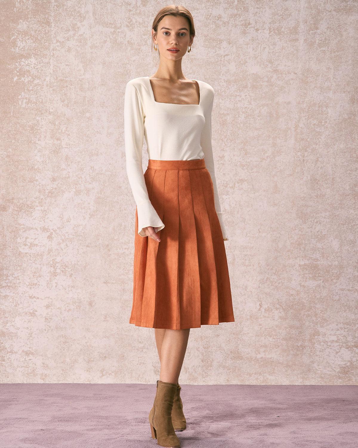 The Orange High Waisted Suede Midi Skirt Product Image