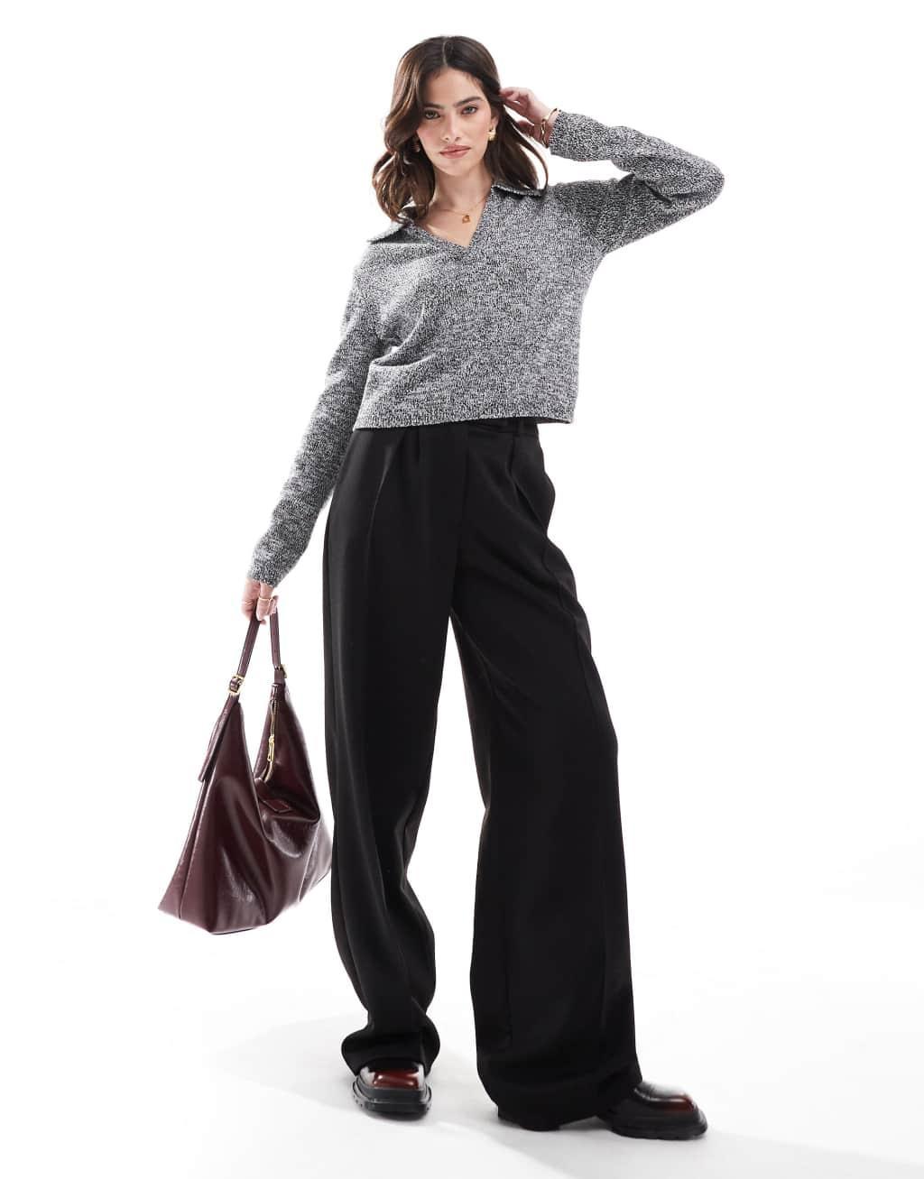 ASOS DESIGN knitted collar sweater in twist yarn in mono Product Image