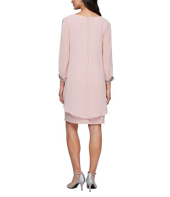 Ignite Evenings Chiffon Crew Neck 3/4 Sleeve Tulip Overlay Sheath Dress Product Image