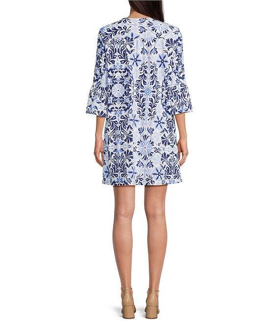 Jude Connally Kerry French Tile White Print Split V-Neck 3/4 Bell Sleeve Knit Shift Dress Product Image