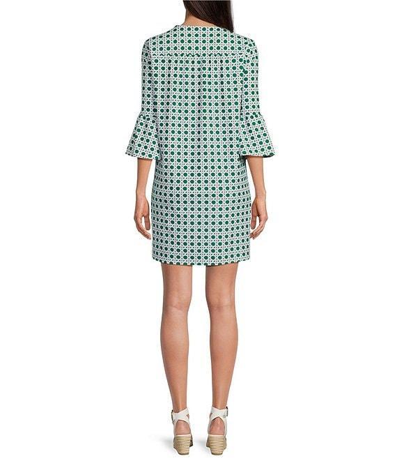 Jude Connally Kerry Petite Rattan Print Split V-Neck 3/4 Bell Sleeve Knit Shift Dress Product Image