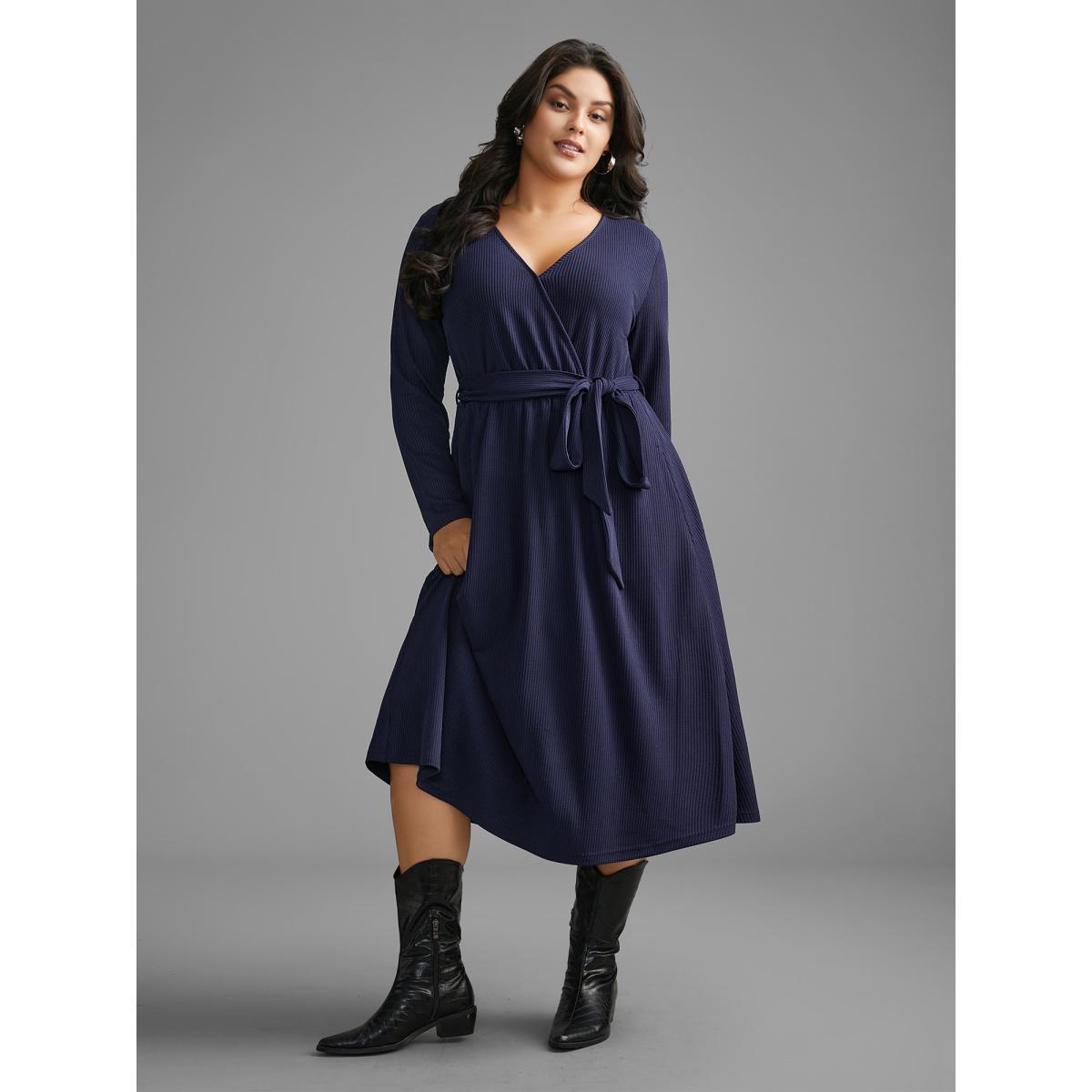 Plus Size Solid Overlap Collar Belted Knit Dress DarkBlue Women Casual Texture Knit Dresses Bloomchic 26/4X Product Image