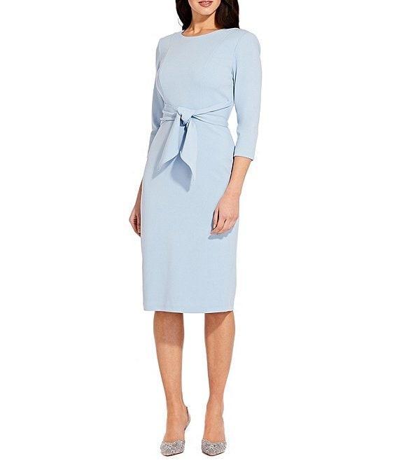 Adrianna Papell Stretch Crepe Crew Neck Tie Waist 3/4 Sleeve Midi Sheath Dress Product Image