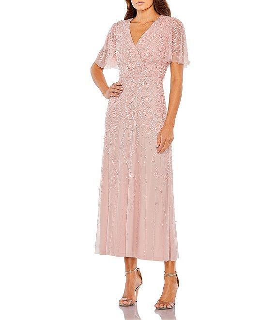 Mac Duggal Beaded V-Neck Flutter Sleeve Faux Wrap Midi Dress Product Image