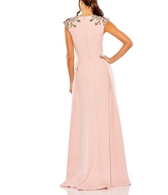 Mac Duggal Beaded Shoulder Deep V-Neck Cap Sleeve Thigh High Slit A-Line Gown Product Image