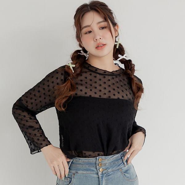 [L-3XL] Long Sleeve Plain Sheer Floral See-Through Top Product Image