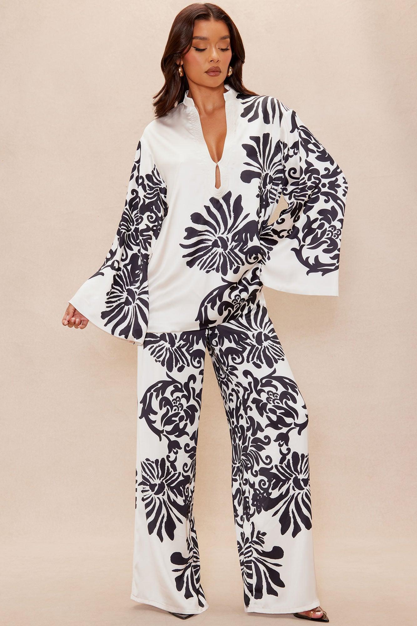 Abina Satin Wide Leg Pant Set - Cream/combo Female Product Image