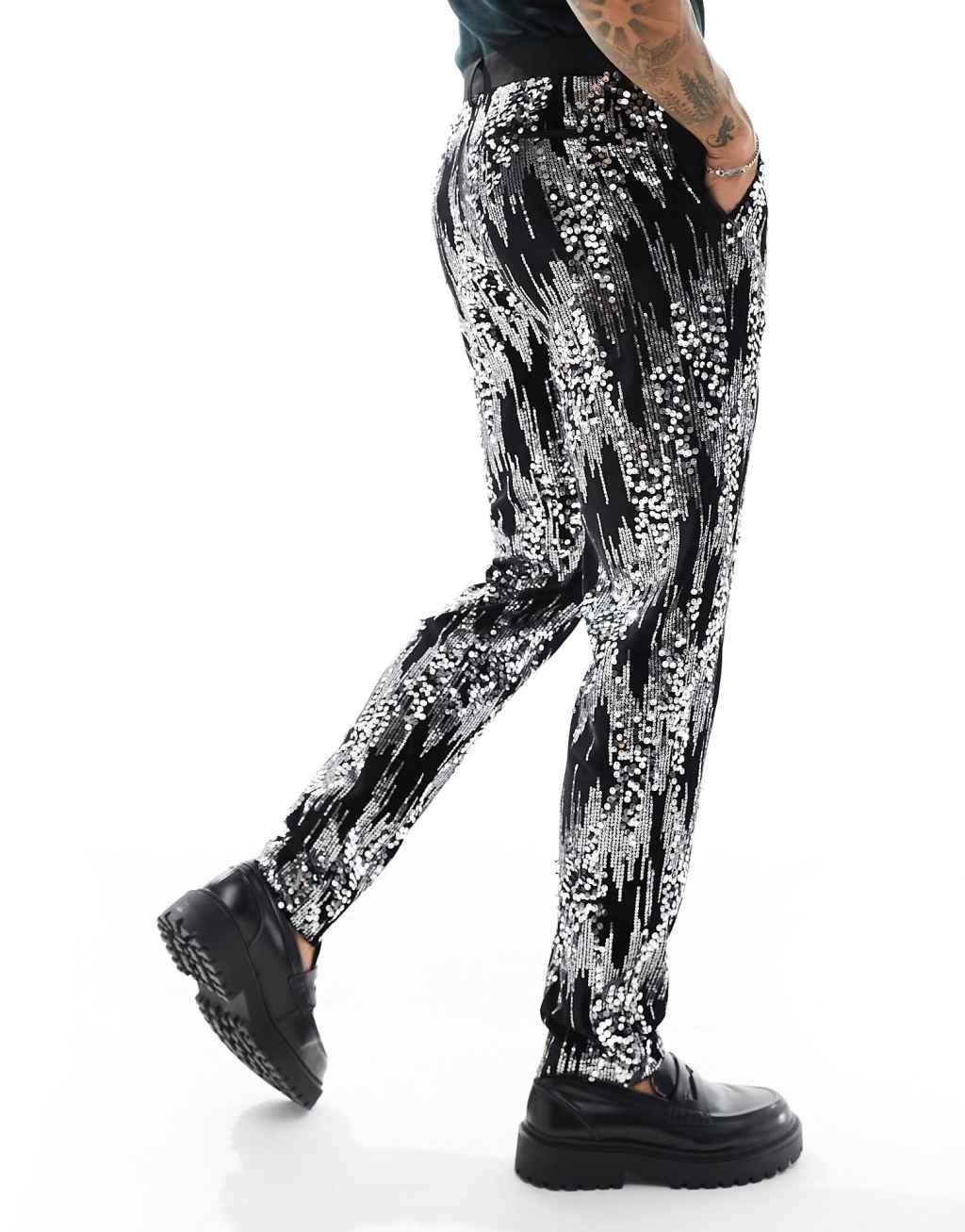 ASOS DESIGN slim scattered sequin suit pants in silver Product Image