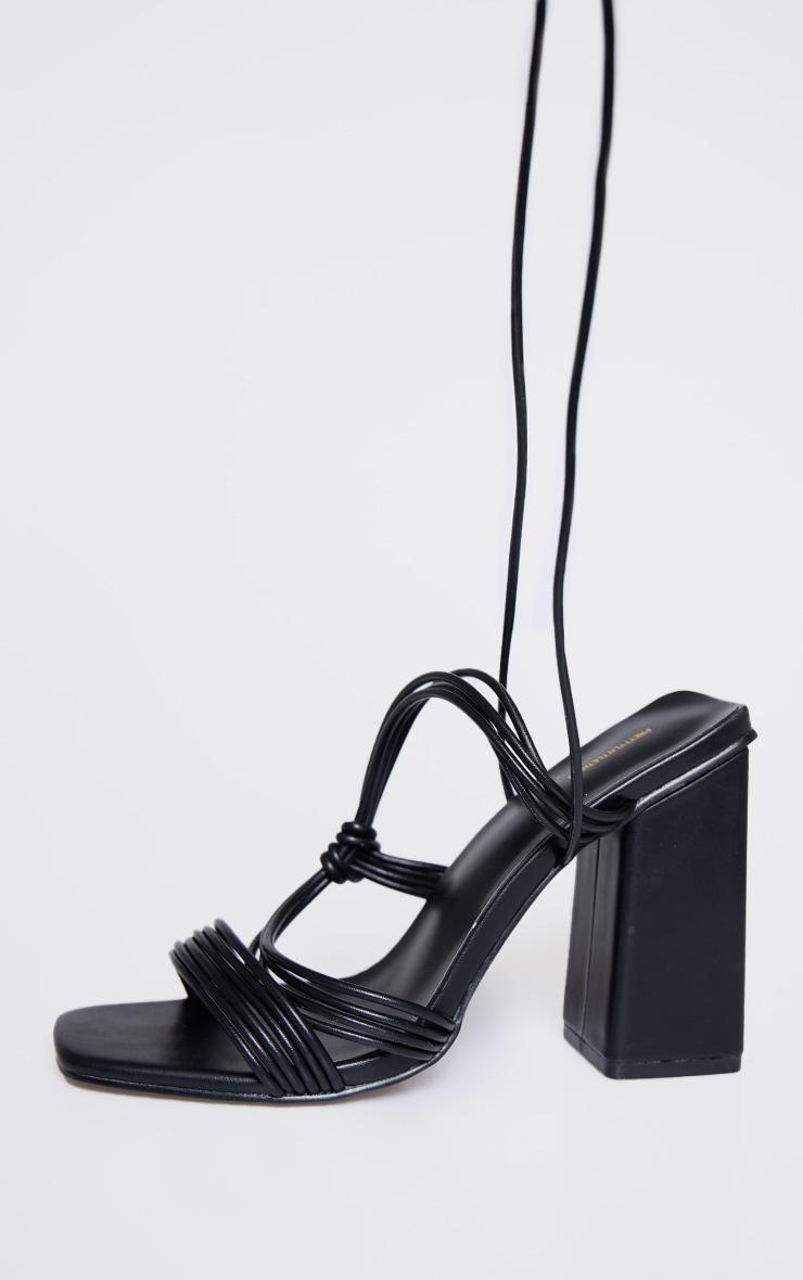 Black Pu Square Toe Strappy Lace Up Block Heeled Sandals Product Image