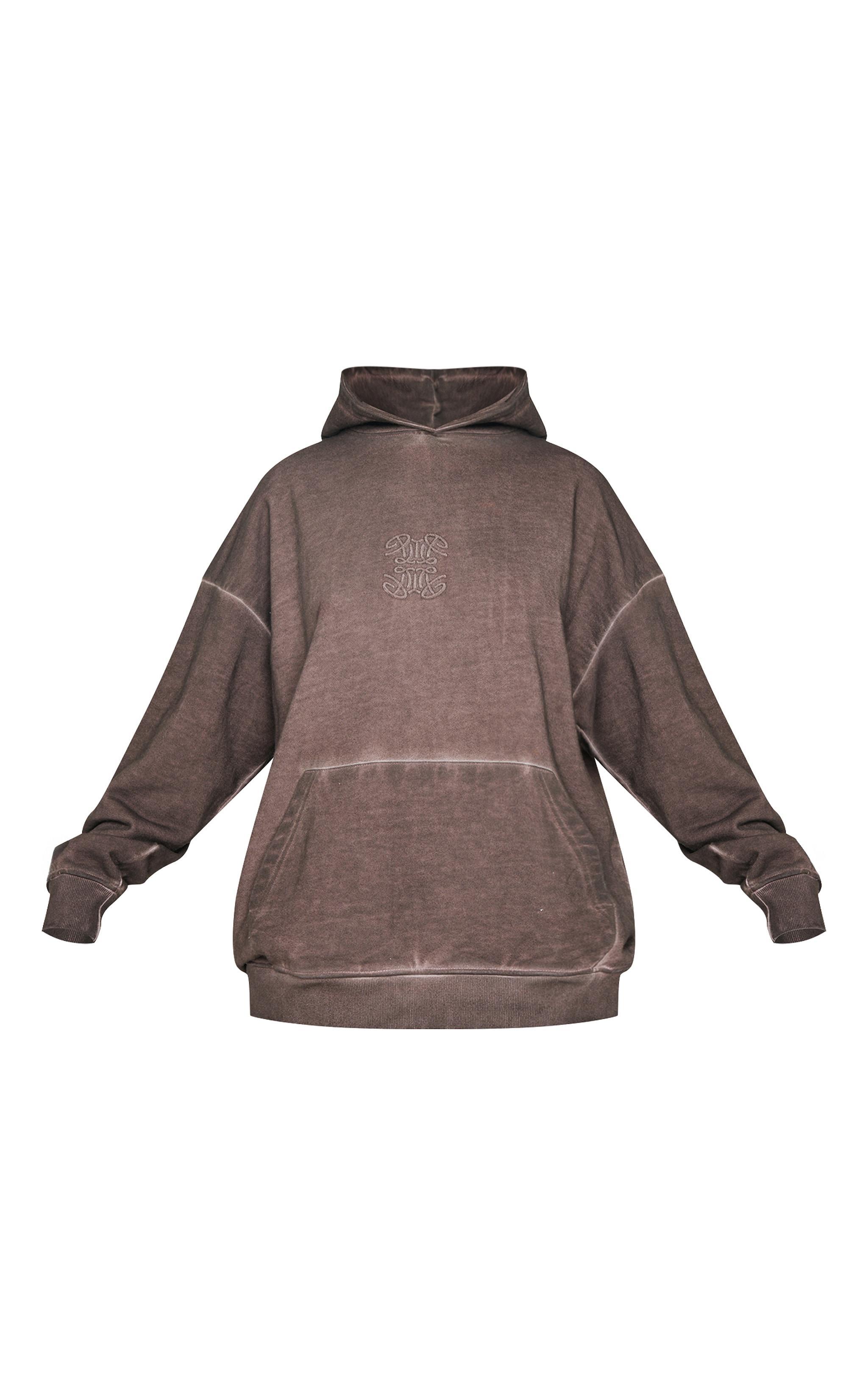 PRETTYLITTLETHING Washed Brown Premium Embossed Oversized Hoodie Product Image