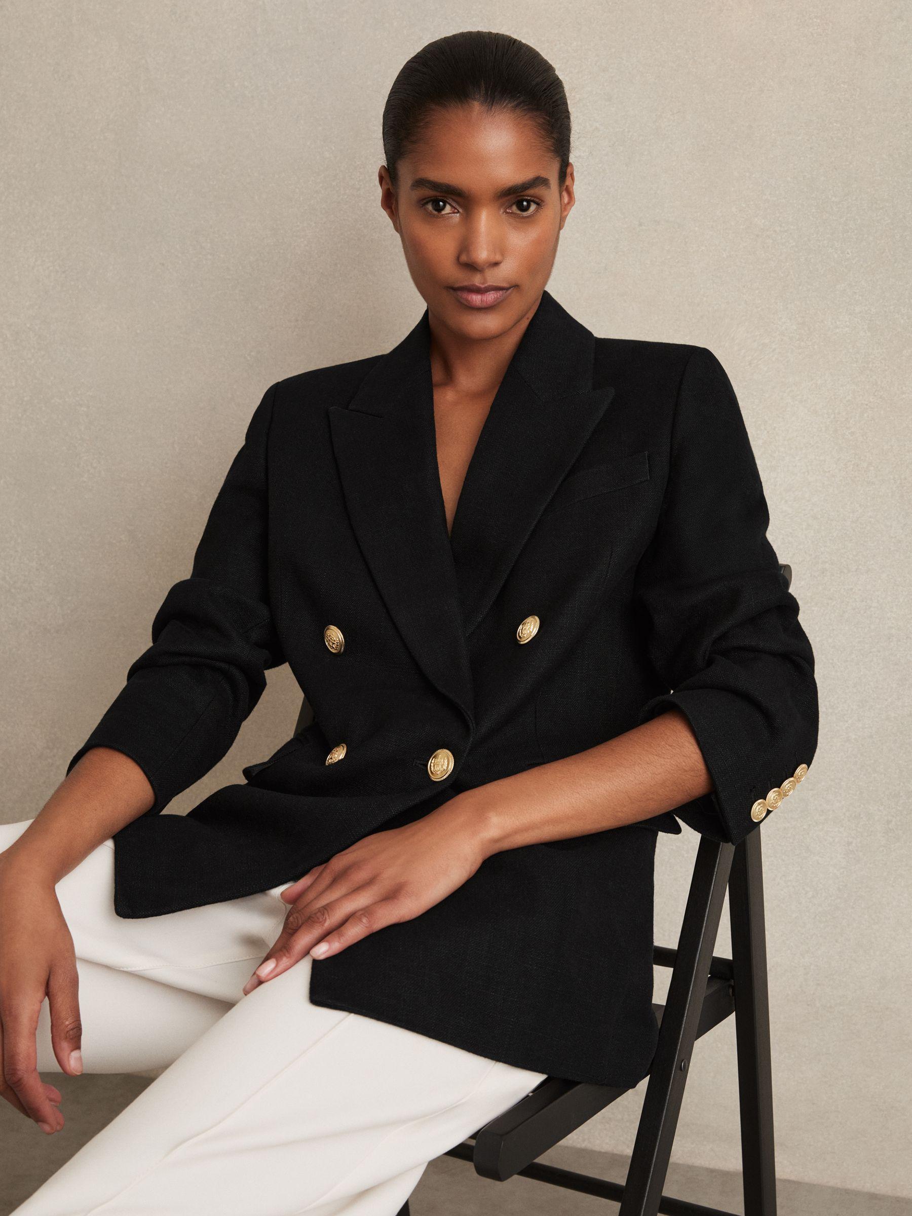 Oversized Double-Breasted Blazer Linen-Blend in Black Product Image