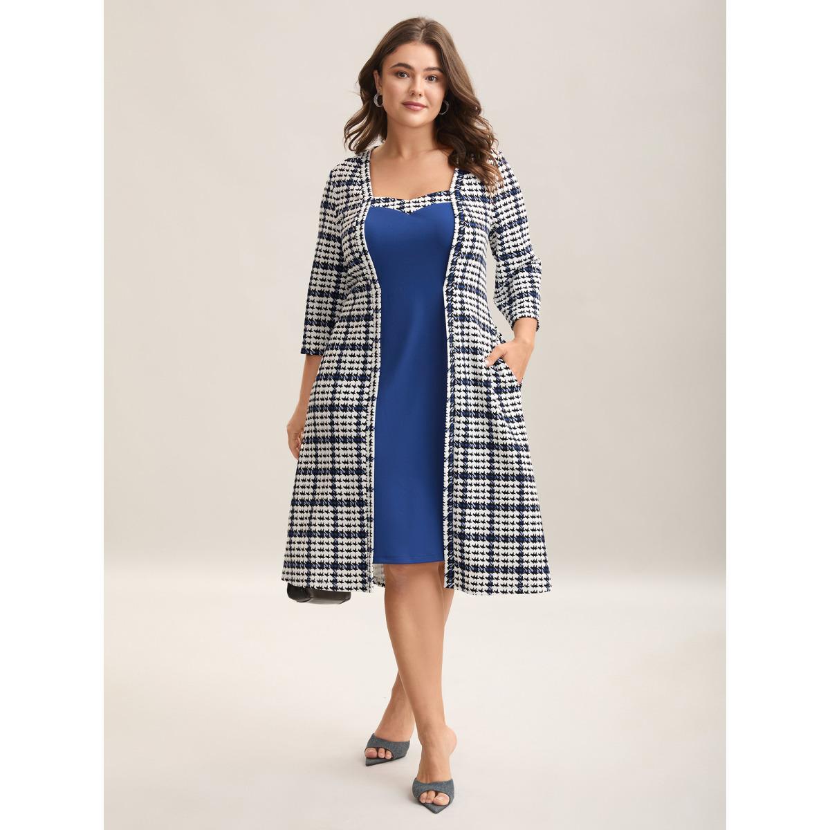 Plus Size Houndstooth Print Waist-Cinched Patchwork Midi Dress Mediumblue Women At the Office Patchwork Knit Dresses Bloomchic 22-24/3X Product Image