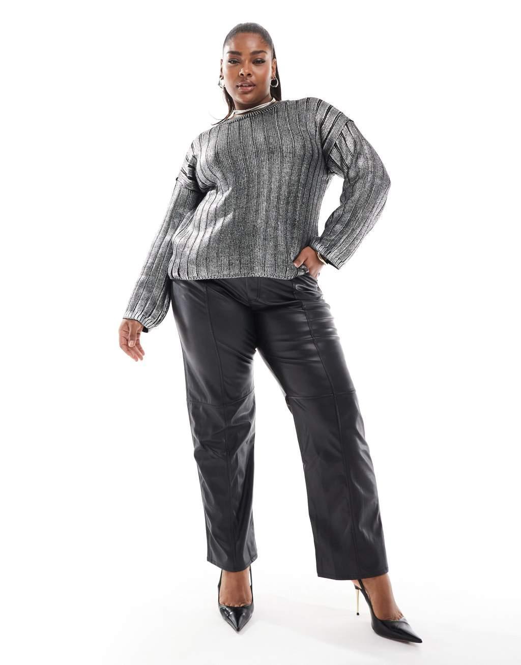 ONLY Curve cropped cable sweater in metallic silver Product Image