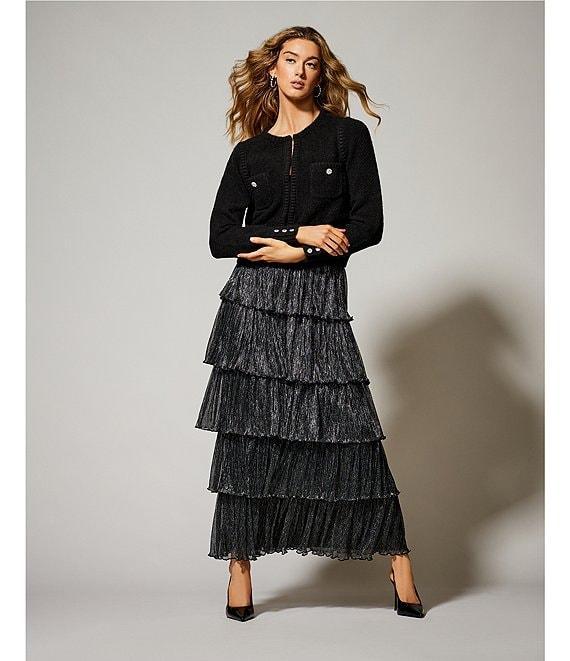 A Loves A Wool Blend Knit Crew Neck Snap Front Rhinestone Button Long Sleeve Cardigan Product Image