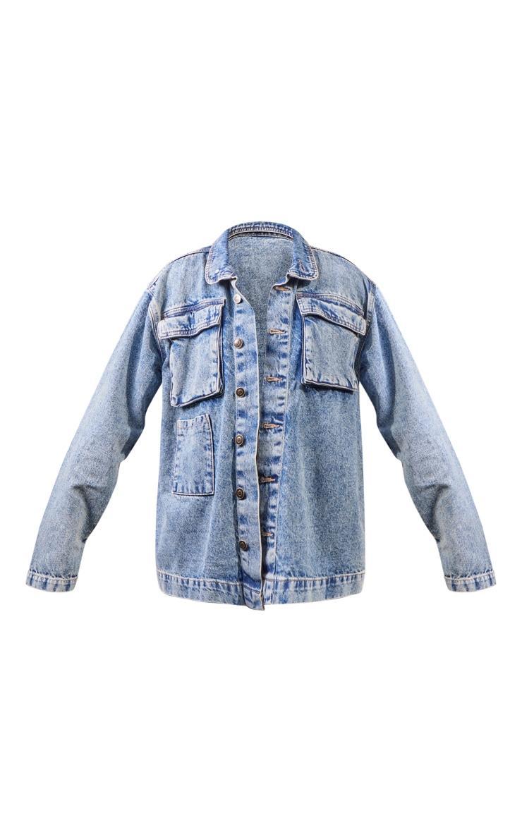 Vintage Wash Cargo Pocket Oversized Denim Jacket Product Image