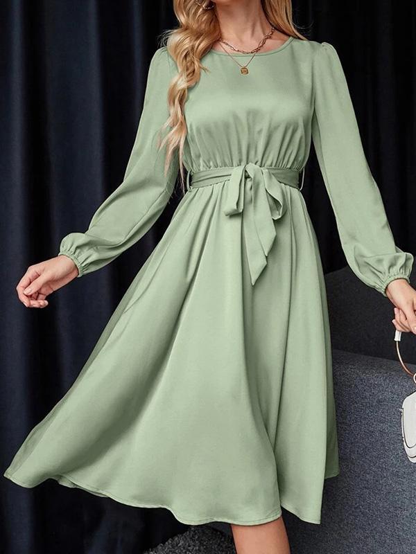 Loose Puff Sleeves Elasticity Pleated Solid Color Split-Joint Tied Waist Round-Neck Midi Dresses Product Image