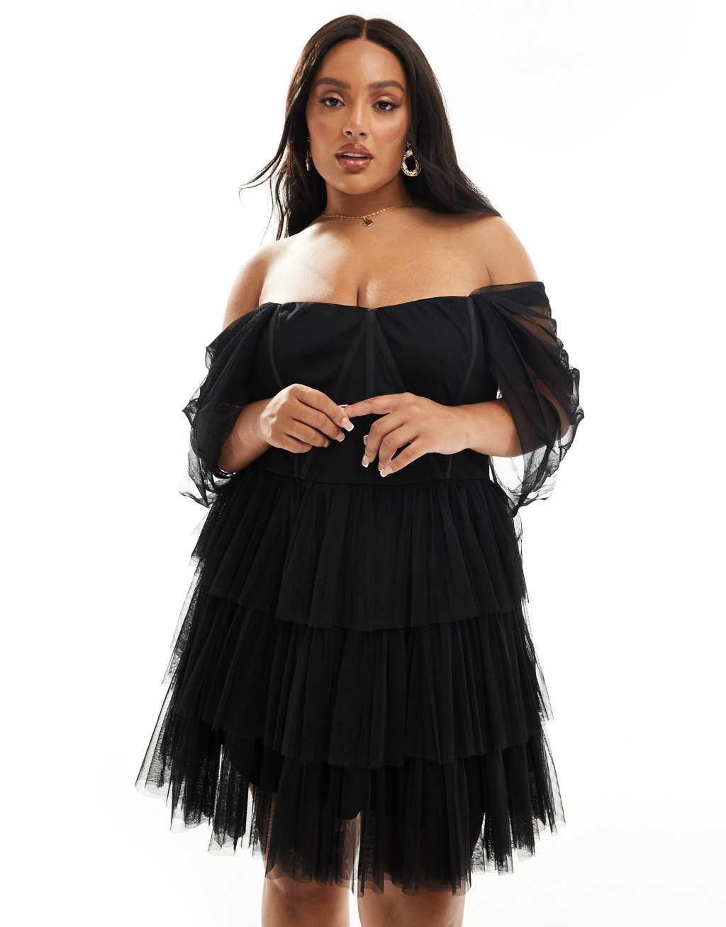 Lace & Beads off-the-shoulder corset tulle mini dress in black Product Image