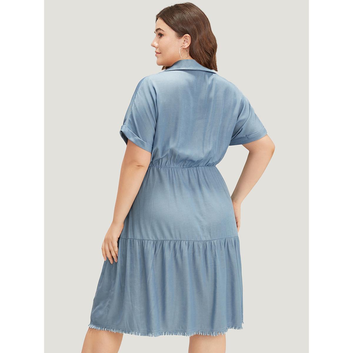 Plus Size Plain Pocket Button Detail Gathered Roll Dolman Sleeve Dress Stone Women Casual Gathered Shirt collar Short sleeve Curvy Midi Dress BloomChic 30/6X Product Image