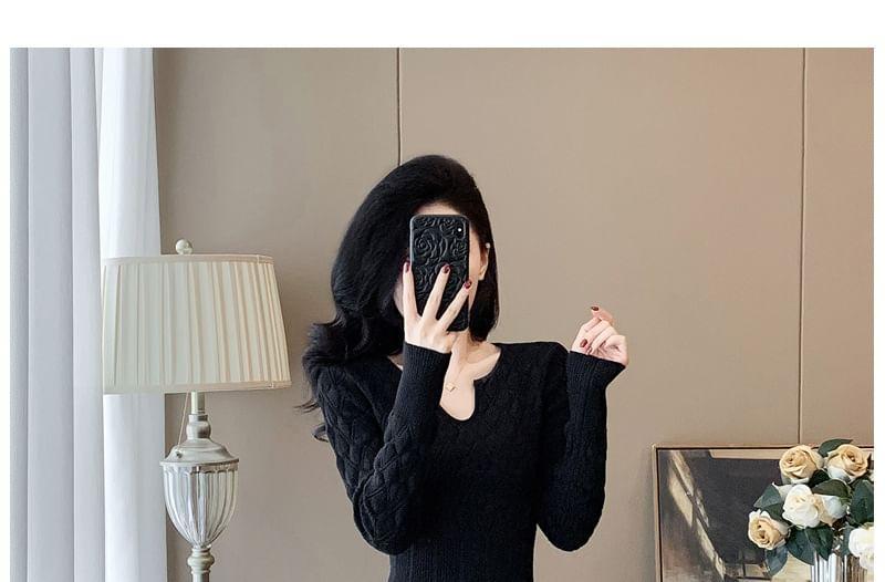 Long-Sleeve Notch Neck Plain Knit Mermaid Dress Product Image