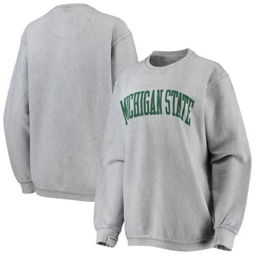 Womens Gray Michigan State Spartans Comfy Cord Vintage-Like Wash Basic Arch Pullover Sweatshirt Product Image