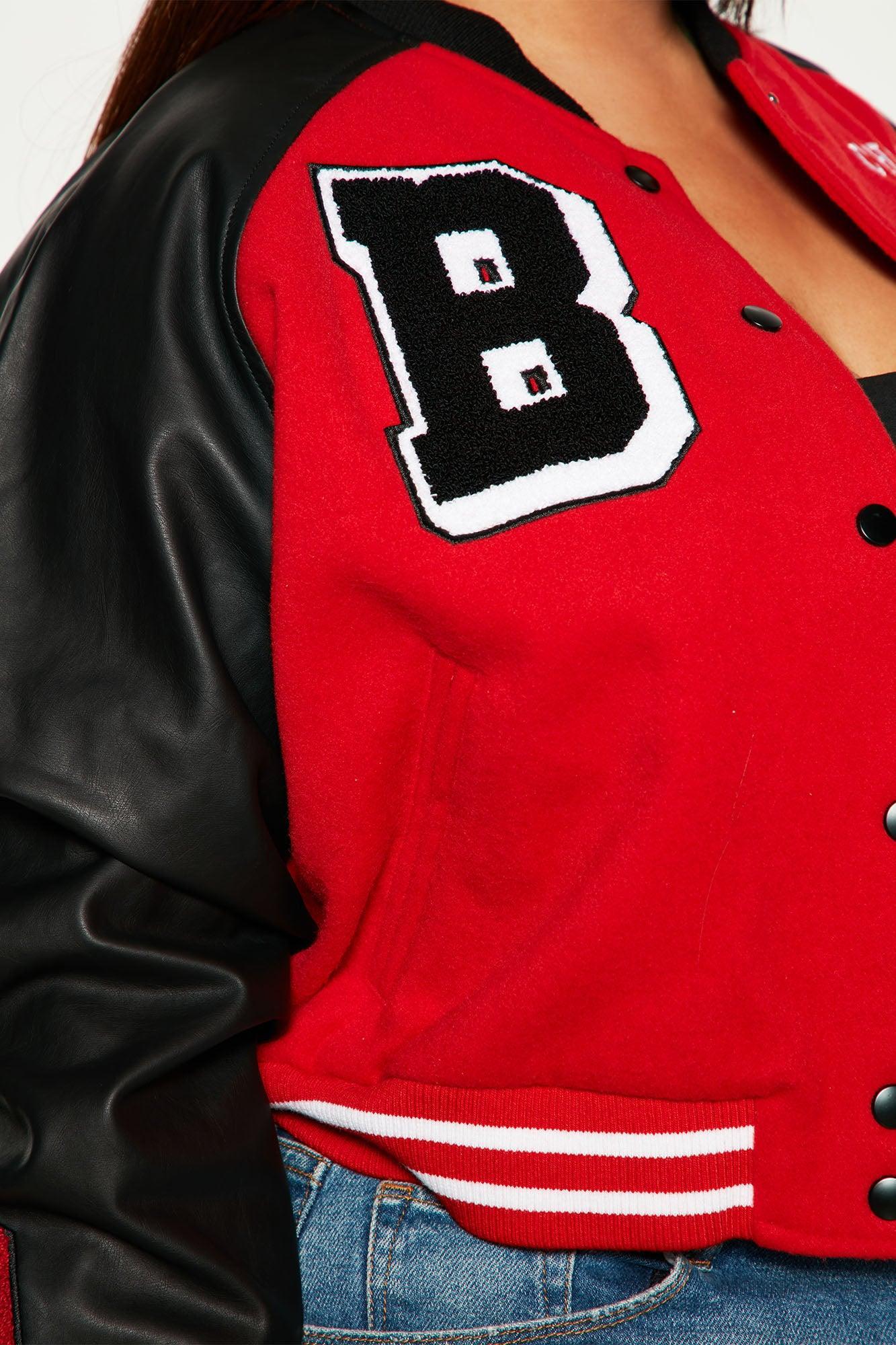 Bulls Cropped Letterman Jacket - Red/Black Female Product Image