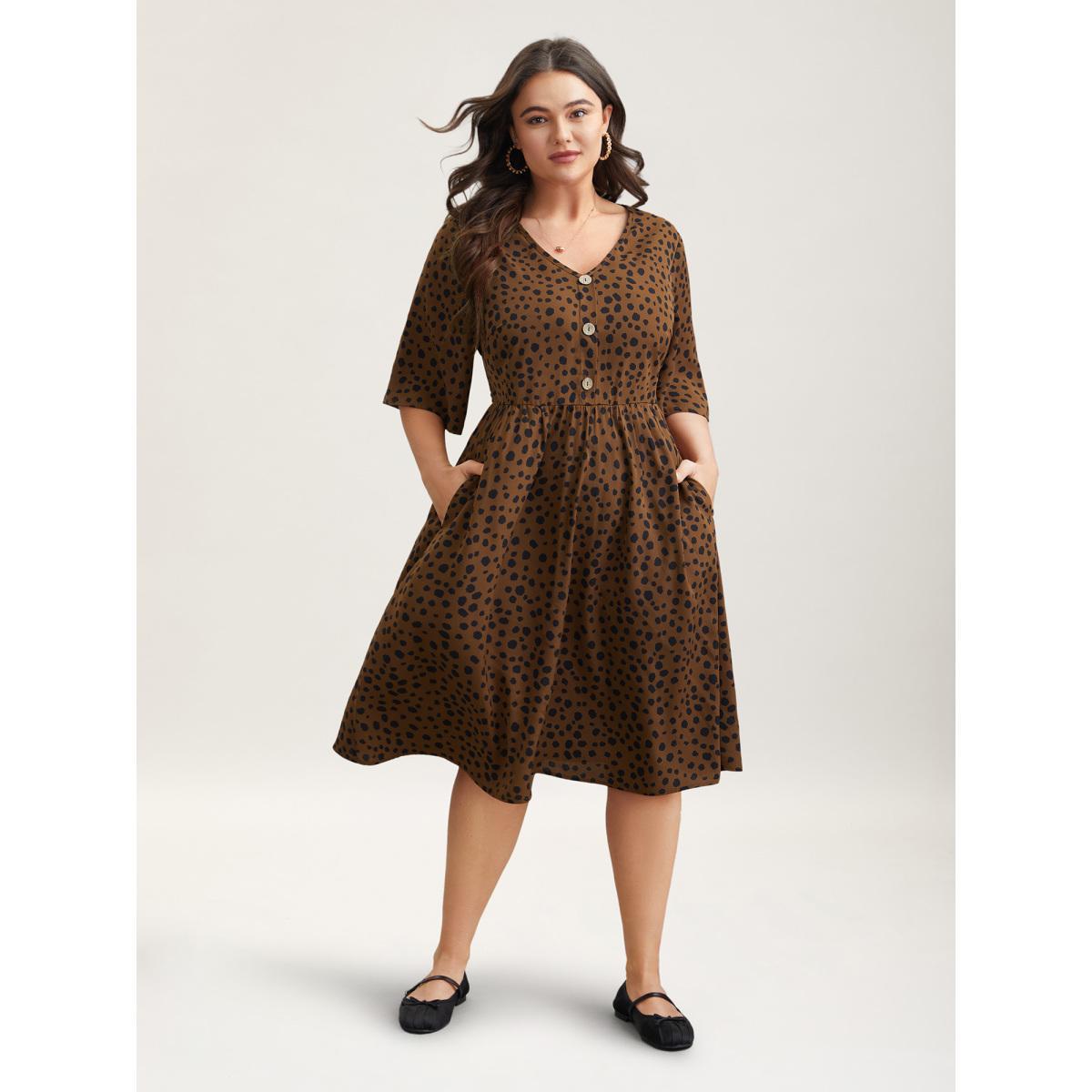 Plus Size Leopard Print Button Placket Midi Dress Browncoffeecolor Women Casual Button V-neck Half Sleeve Curvy BloomChic 14-16/1X Product Image