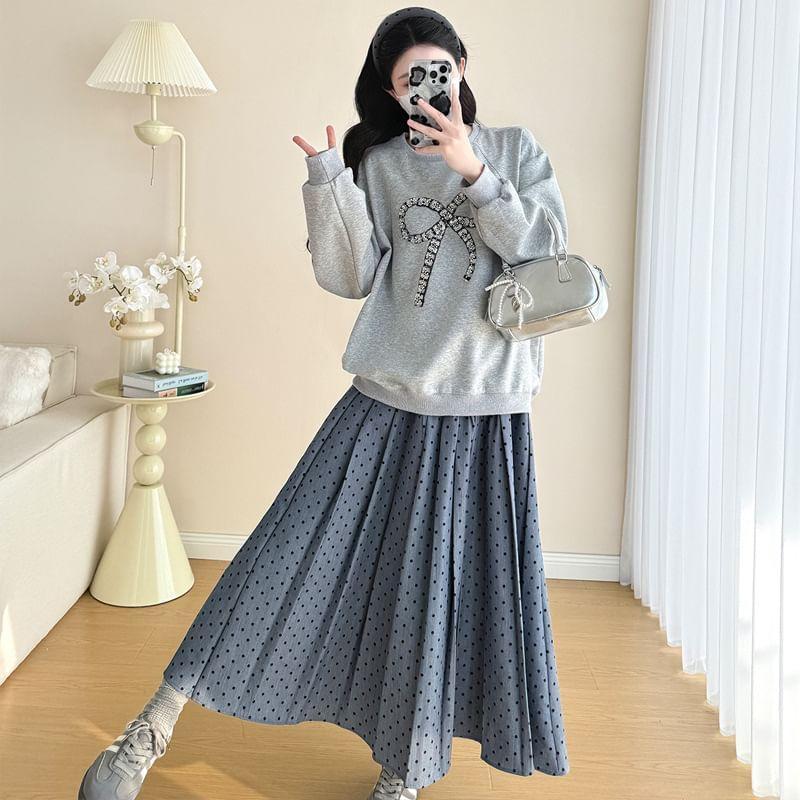 Maternity Crewneck Ribbon Accent Pullover / High Rise Dotted Maxi A-Line Pleated Skirt Product Image