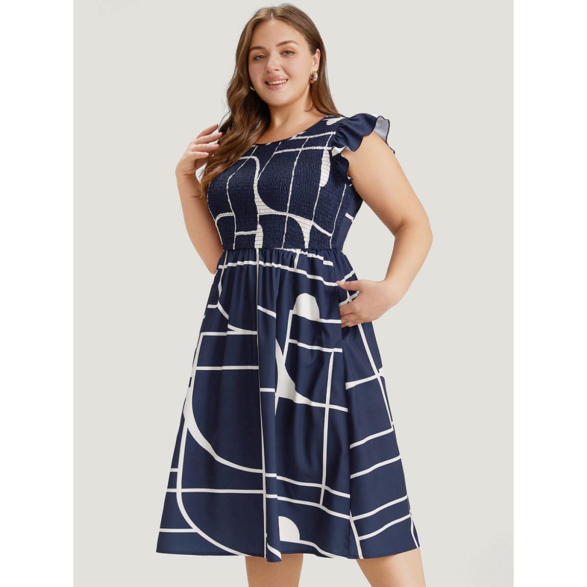 Plus Size Geometric Pocket Flutter Sleeve Shirred Dress Navy Women Office Pocket Round Neck Cap Sleeve Curvy Midi Dress BloomChic 28/5X Product Image
